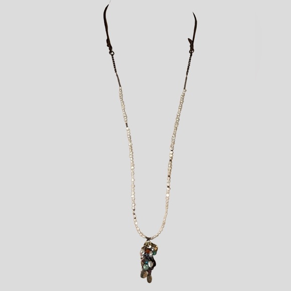 Leather and Seed Pearl Necklace with Cluster Pendant - Picture 2 of 11